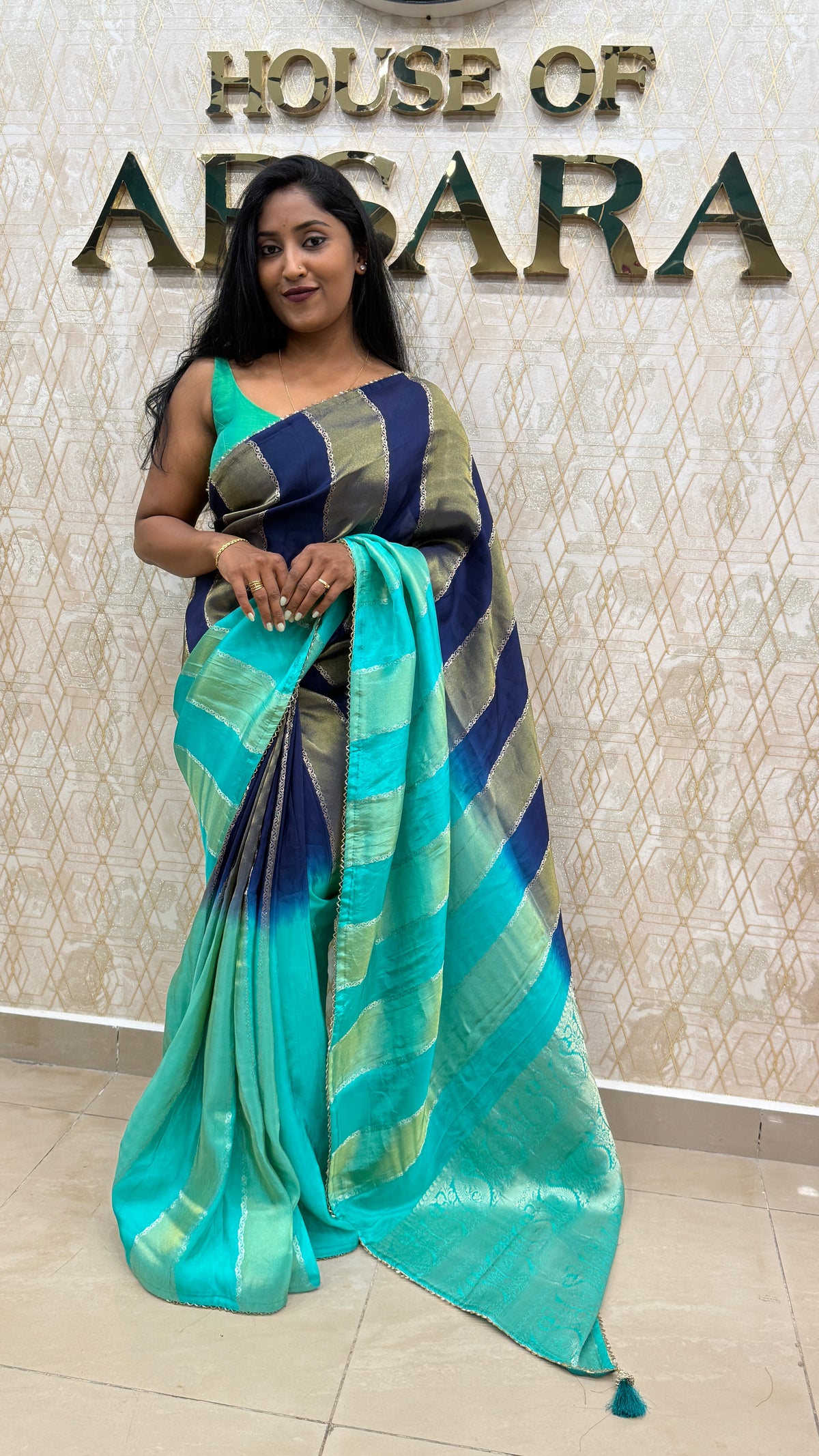 Sea Green n Blue Dual Shade Crepe n Tissue Fusion Saree 13