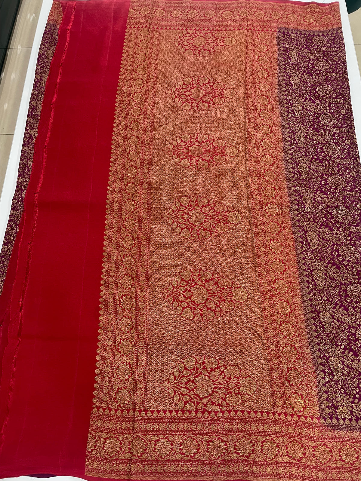 Purple n Red Pure Khadi Banarasi Crepe Saree 06