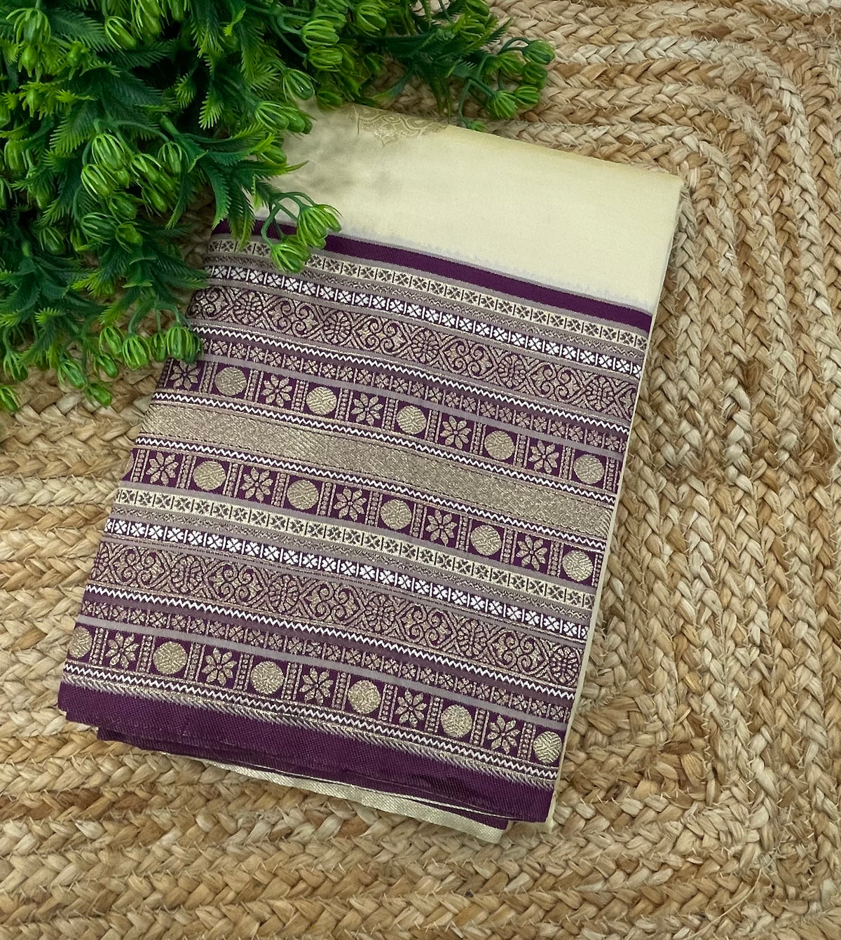 Cream n Purple Semi Silk Saree 42