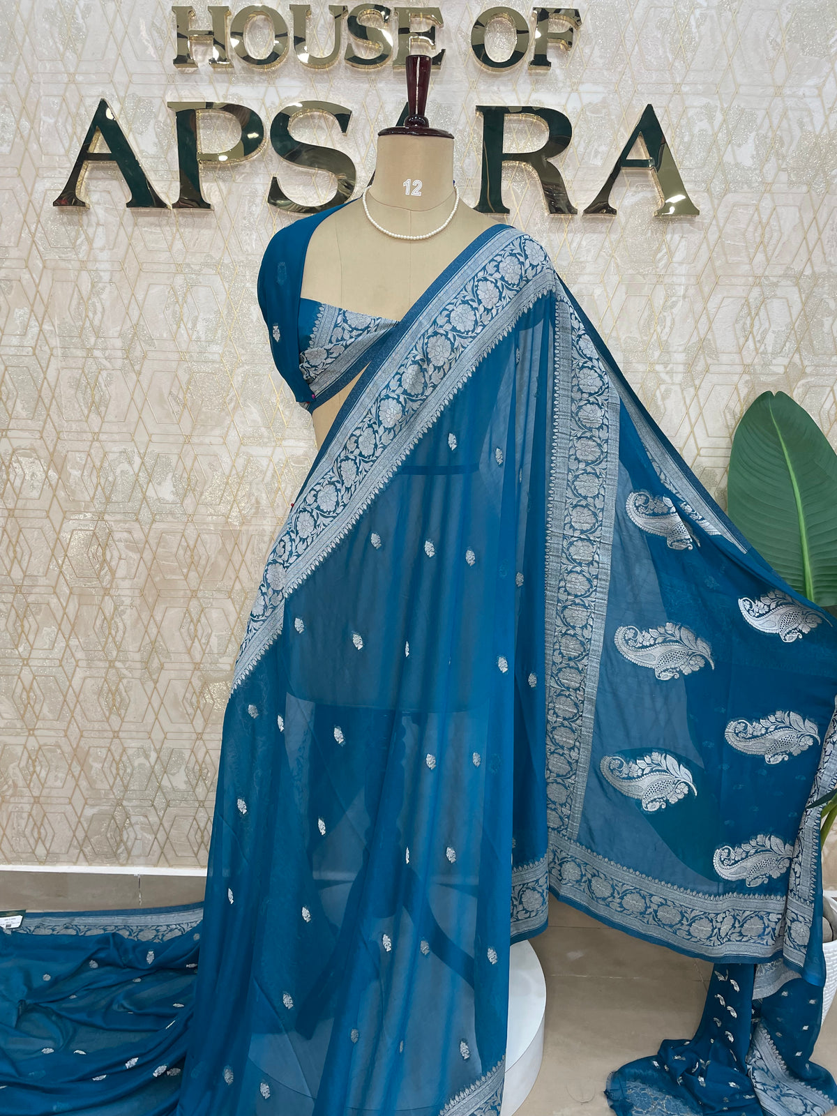 Peacock Blue Banarasi Silk Saree With Silvar Zari Semi Chiffon