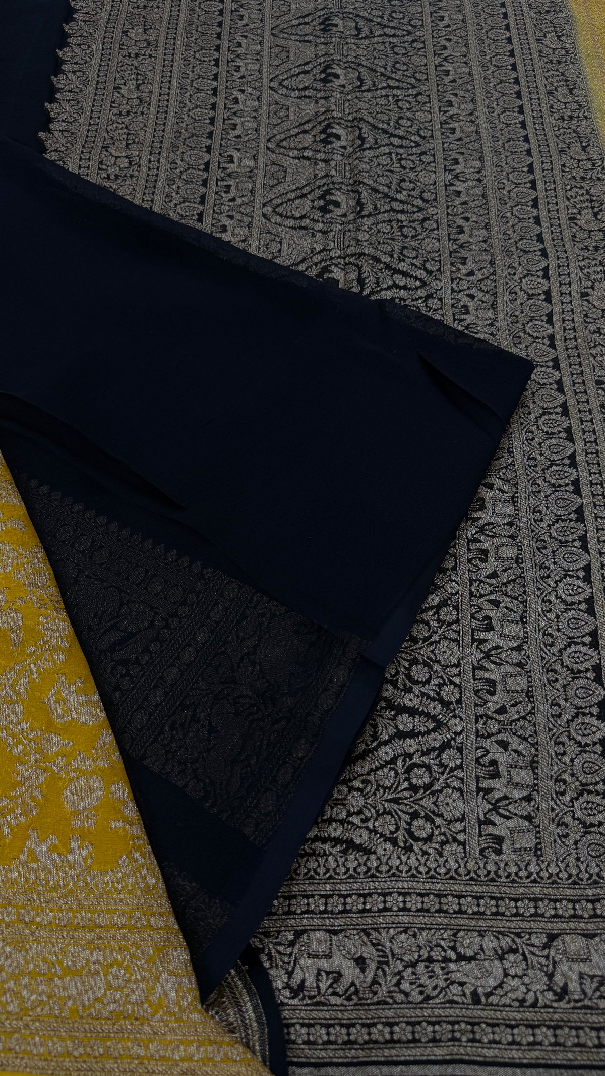 Yellow n Black Pure Khadi Georgette Saree 04