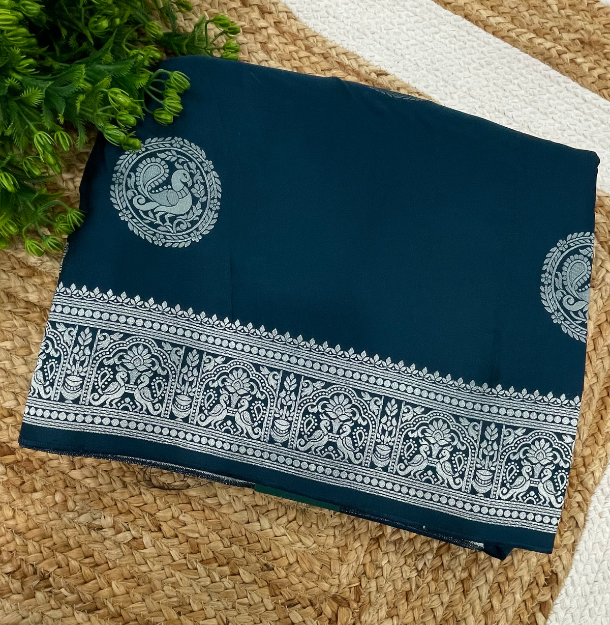 Peacock Blue Satin Mashru Silk Saree 07
