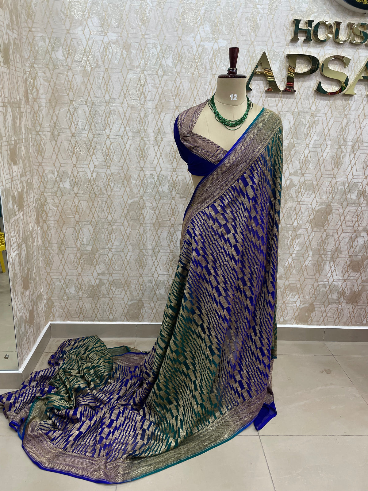Green n Blue Pure Khadi Georgette Saree 04