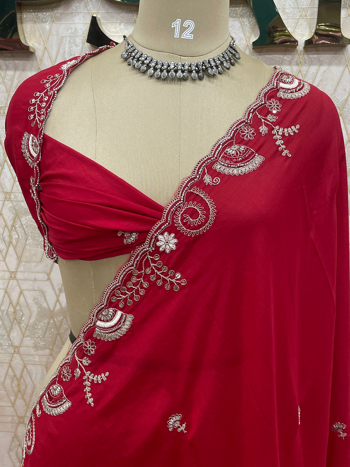 Red Embroidery Work Crepe Saree 29