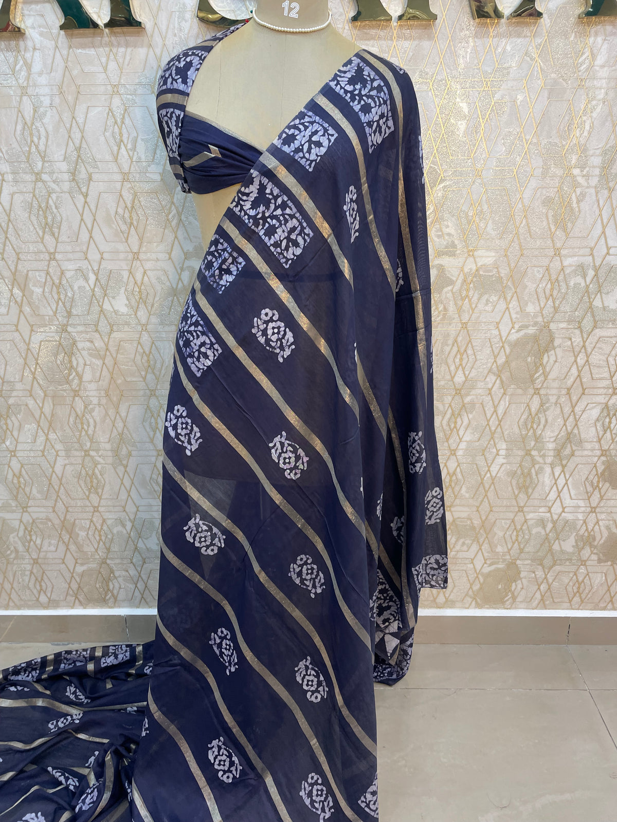 Navy Blue Assam Silk Batik Print Saree 23