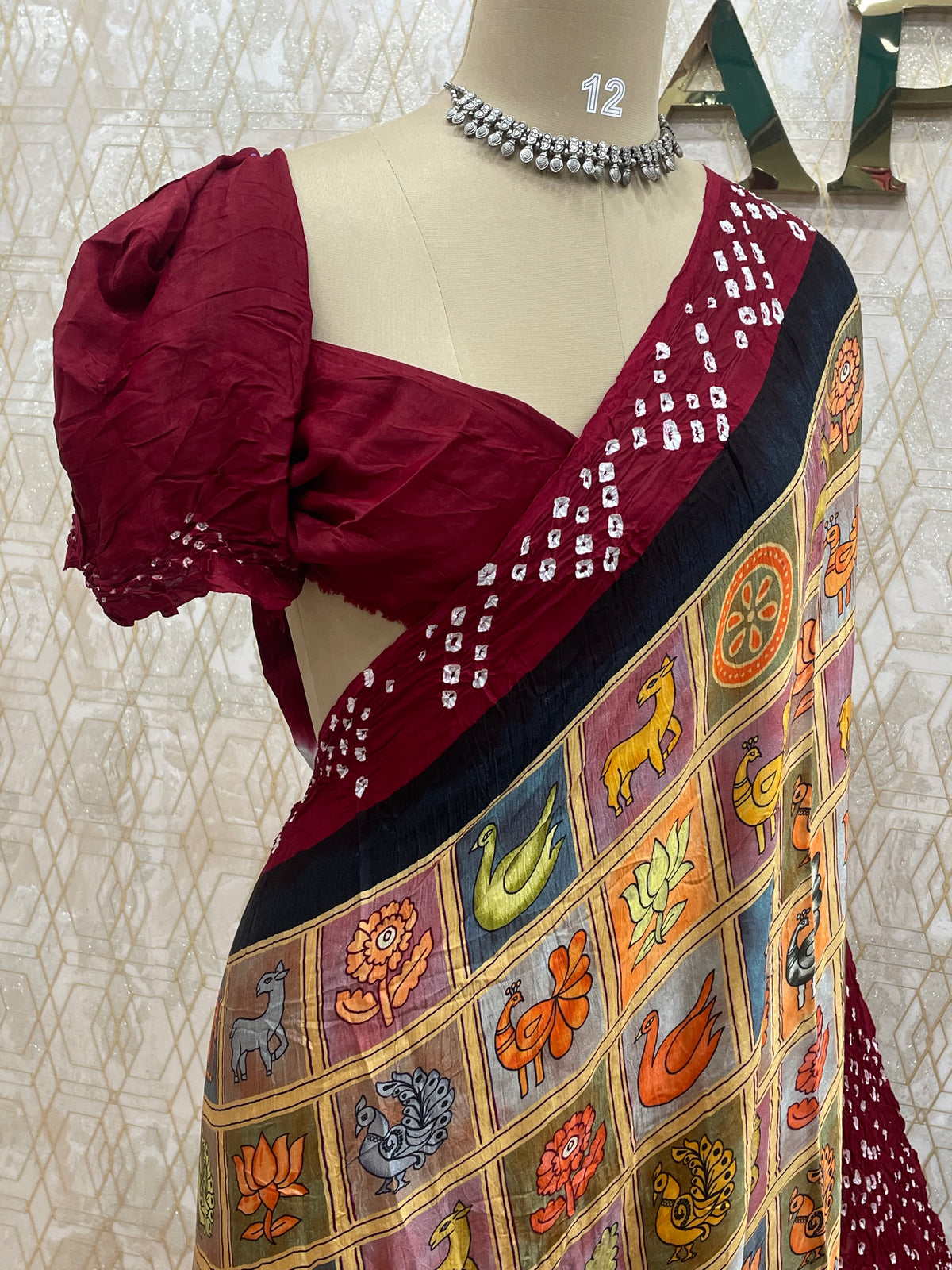 Gold n Maroon Pure Modal Silk Kalamkari Print Saree 05