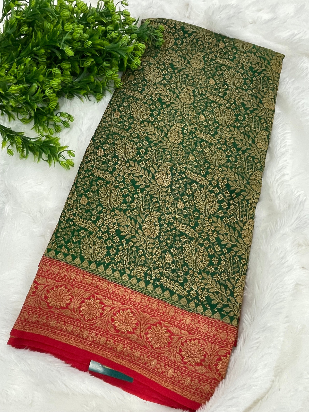 Green n Red Pure Khadi Banarasi Crepe Saree 06