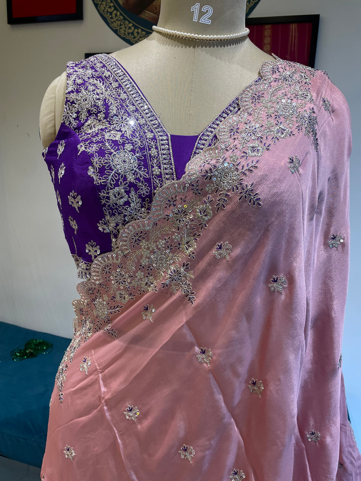 Pastel Pink Handwork Stitched Blouse Designer Party Saree