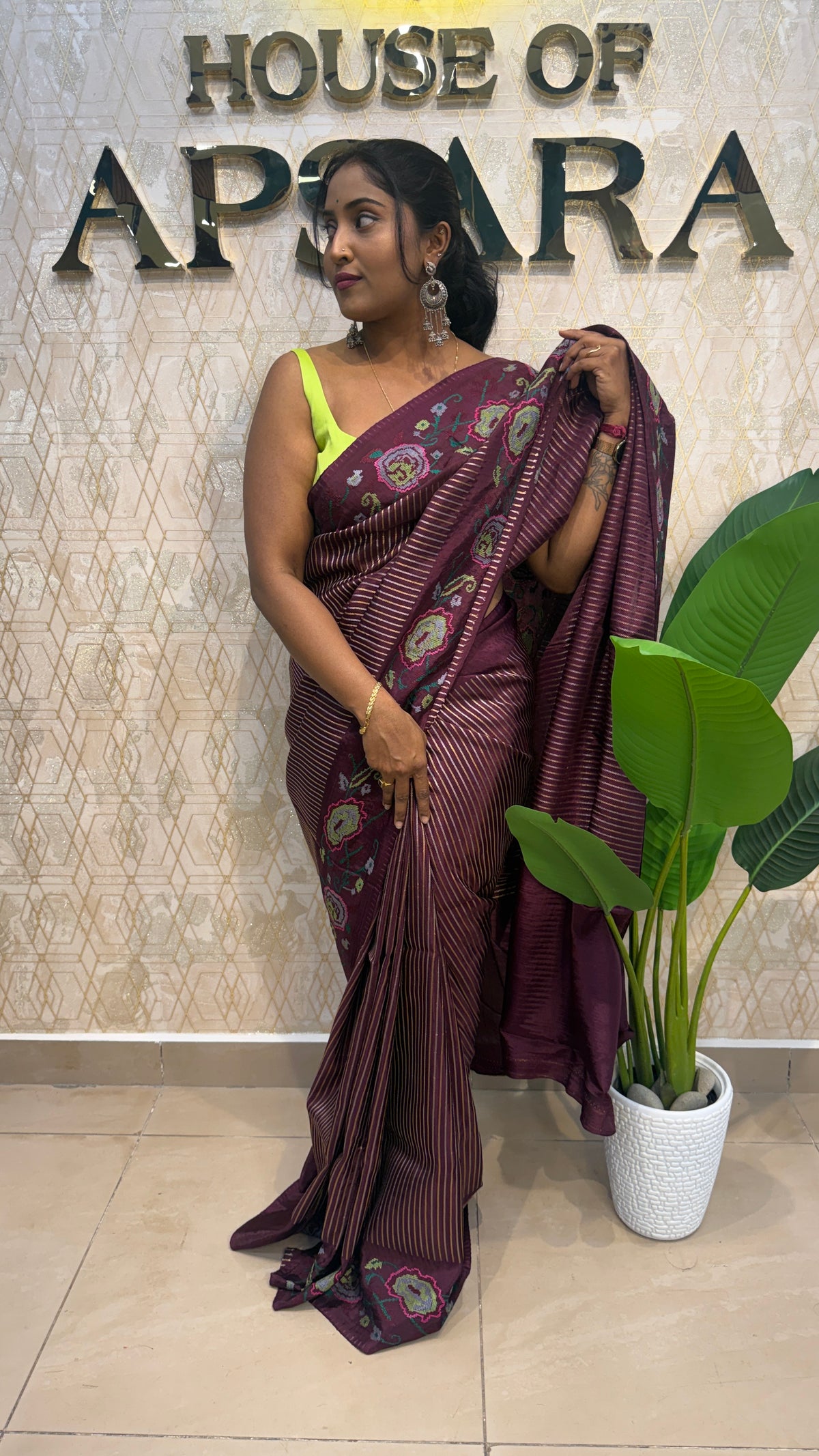 Maroon Crepe With Stripe Cross-stitch Embroidery Saree 207