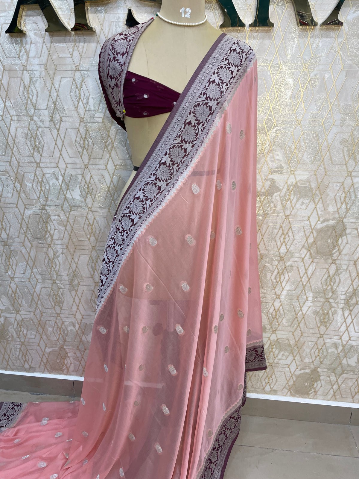 Peach With Silver Zari Semi Chiffon