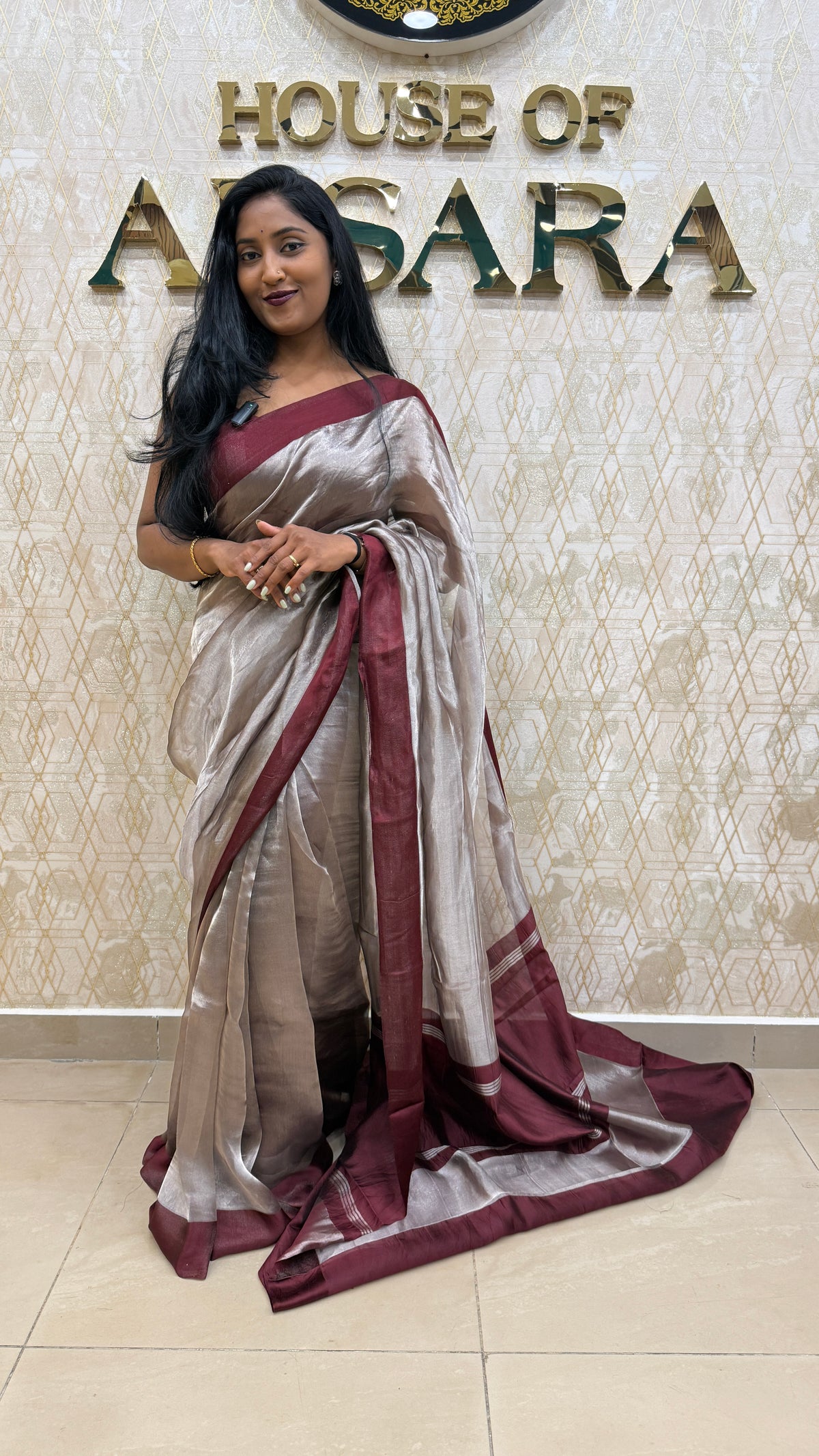 Metallic Silver n Maroon Pure Tissue Organza Saree 11