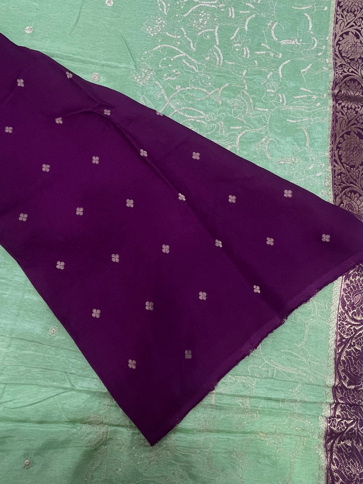 Green n Purple Tussur Crepe Sequence Work Saree 21