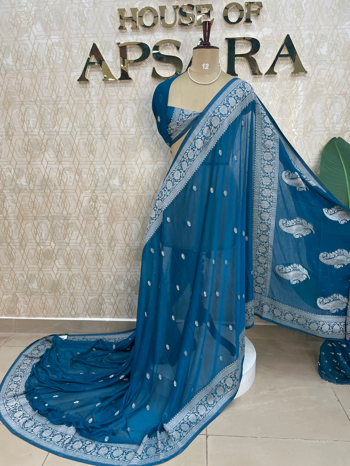 Peacock Blue Banarasi Silk Saree With Silvar Zari Semi Chiffon