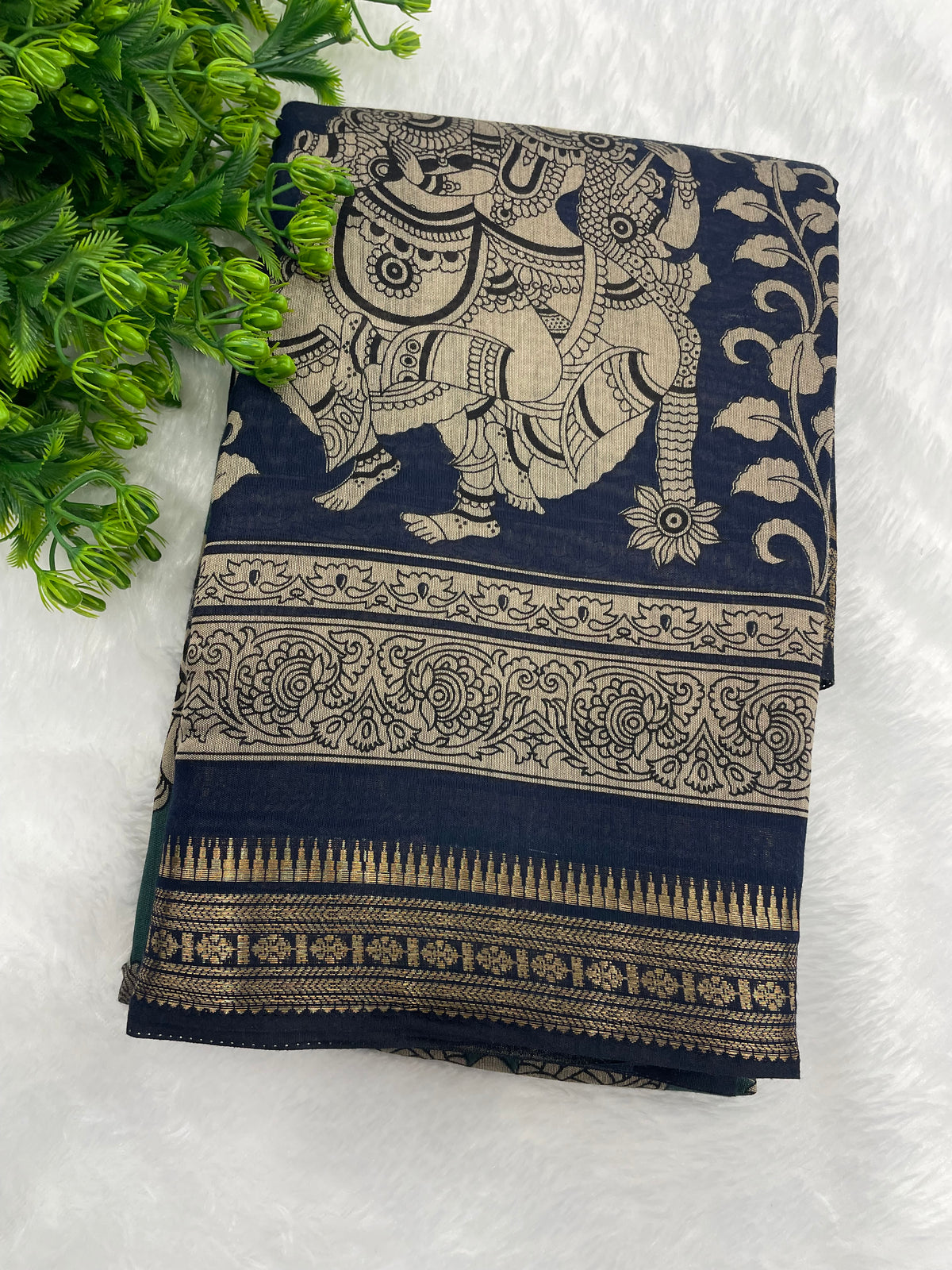 Navy Blue n Peacock Green Pure Mangalgiri Cotton Silk Saree 13