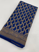 Peacock Blue Pure Banarasi Crepe Self Saree 03