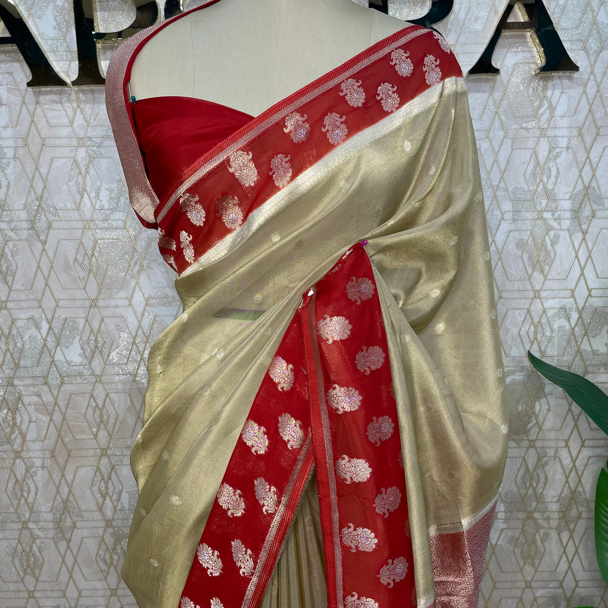 Gold n Red Banarasi Soft Tissue Saree 313