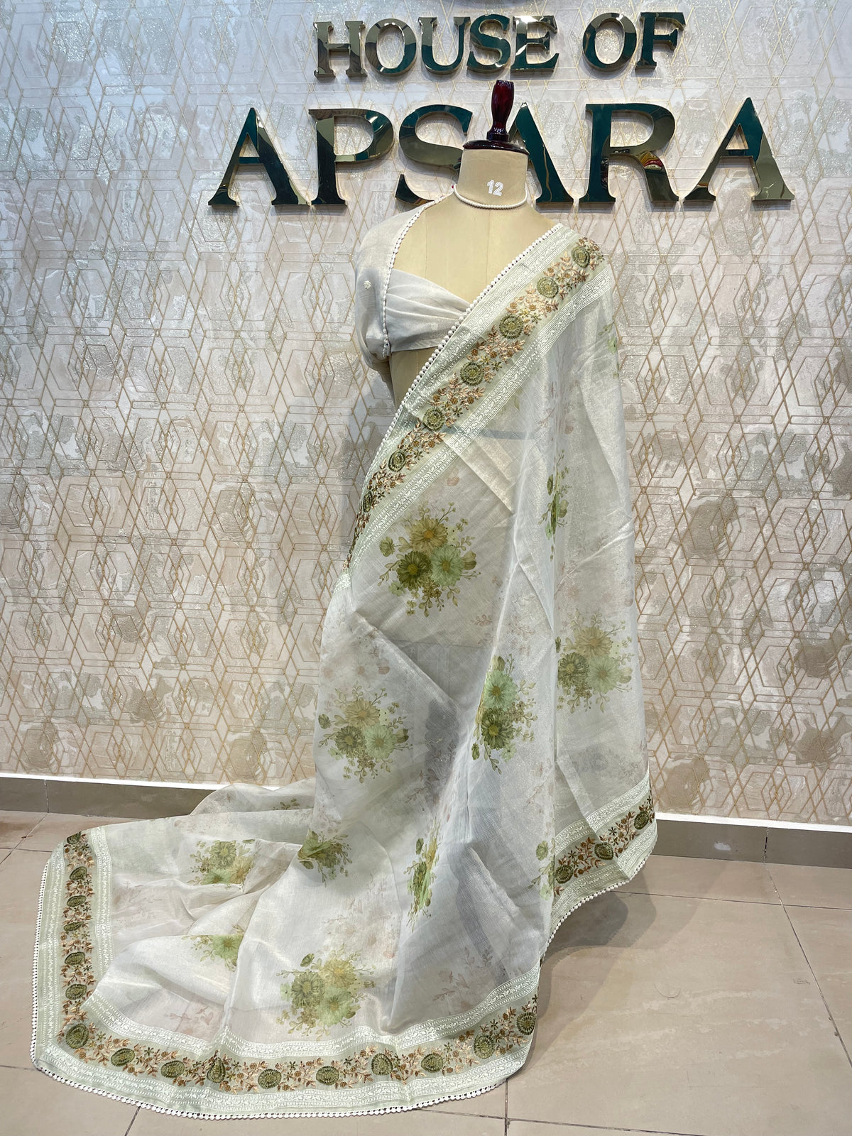 White n Green Soft Tissue Embroidery With Floral Print Saree 64