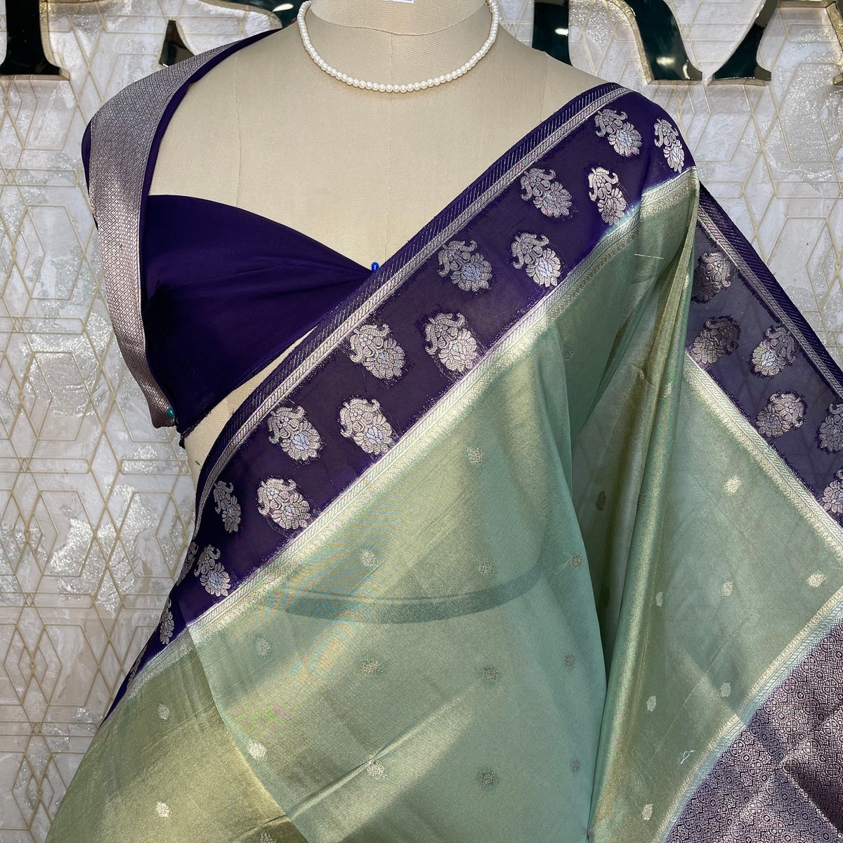 Pista Green n Blue Banarasi Soft Tissue Saree 313