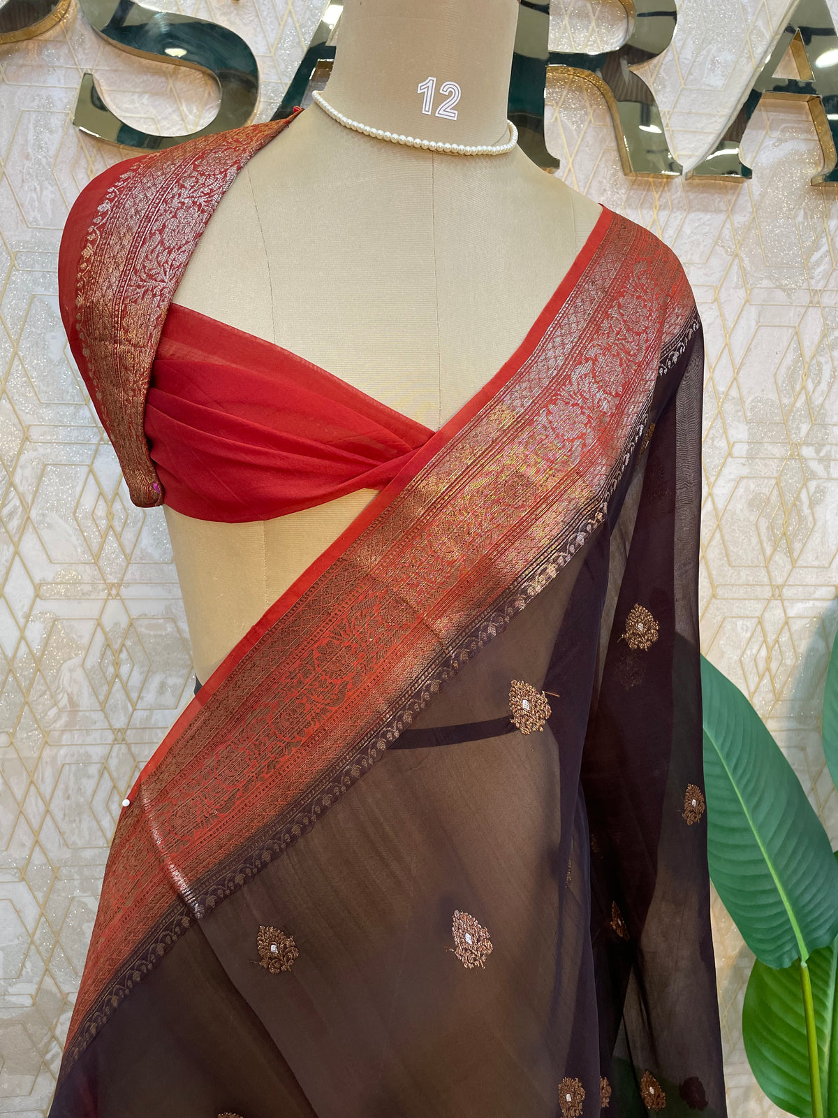 Brown n Orange Pure Kora Organza Antique saree 02