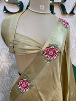 Beige Gold Satin Silk Petite Point Embroidery Saree 305