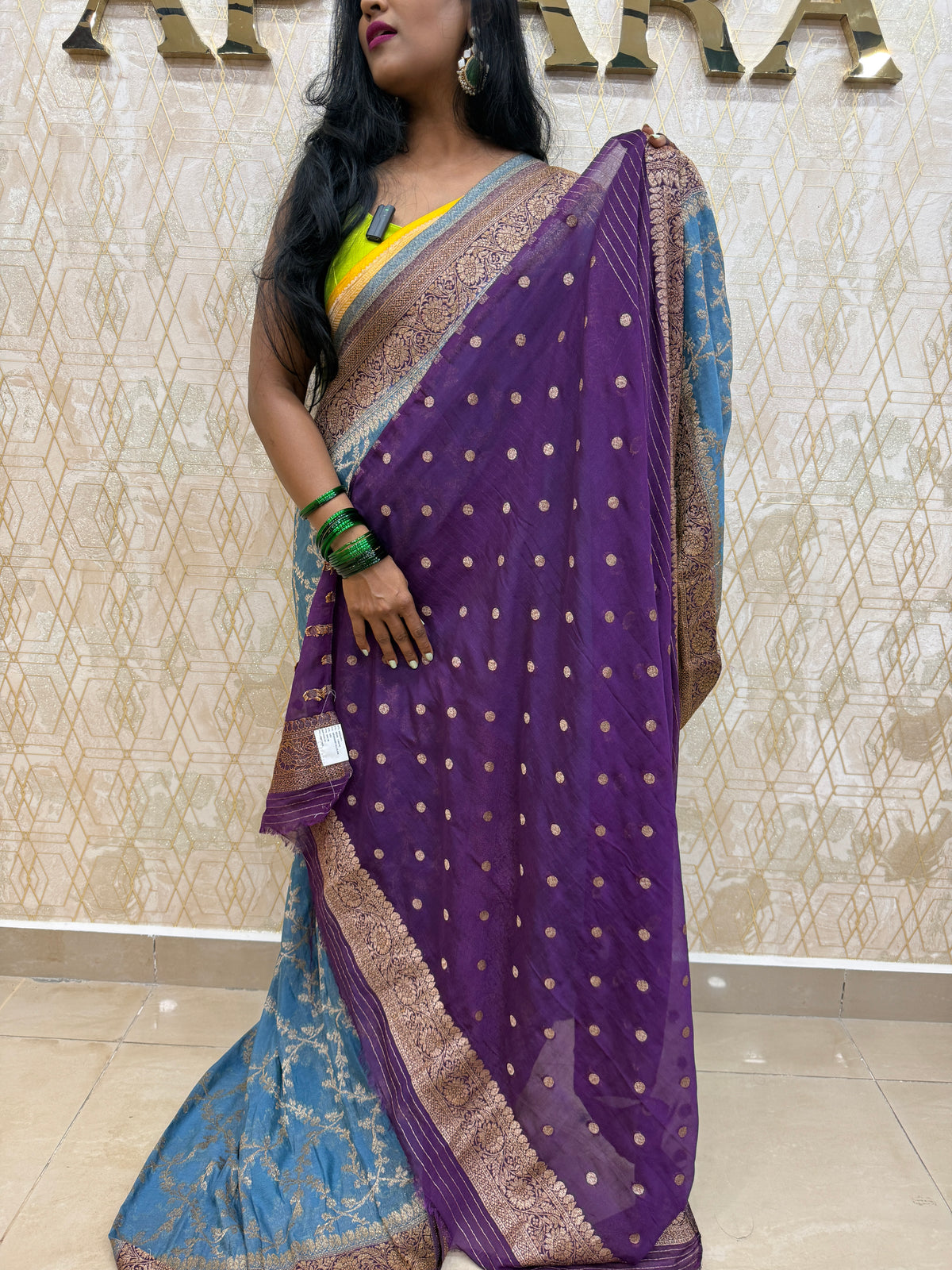 Blue n Purple Khadi Georgette Saree 26