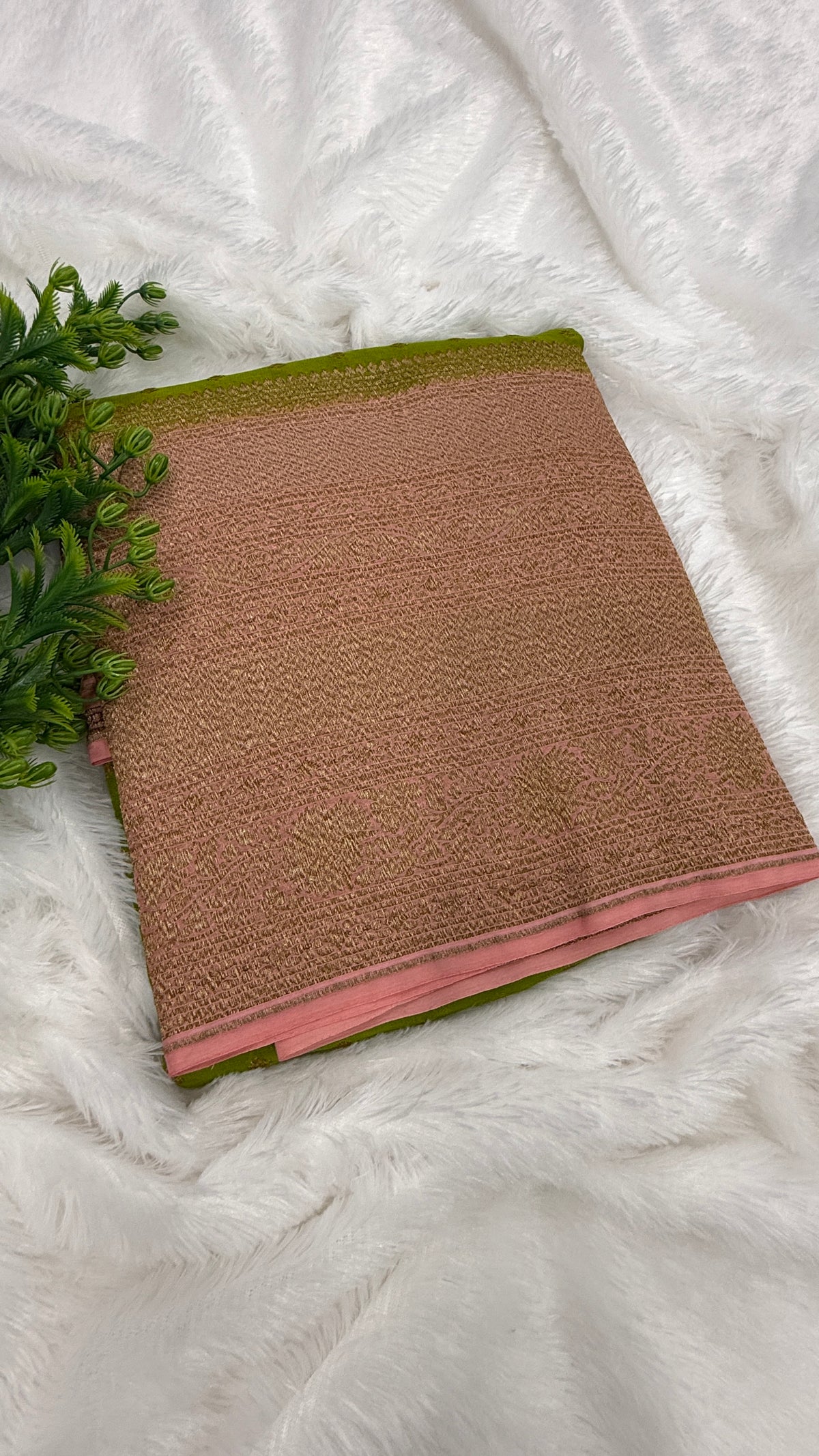Green n baby pink Pure Khadi Georgette Saree 04