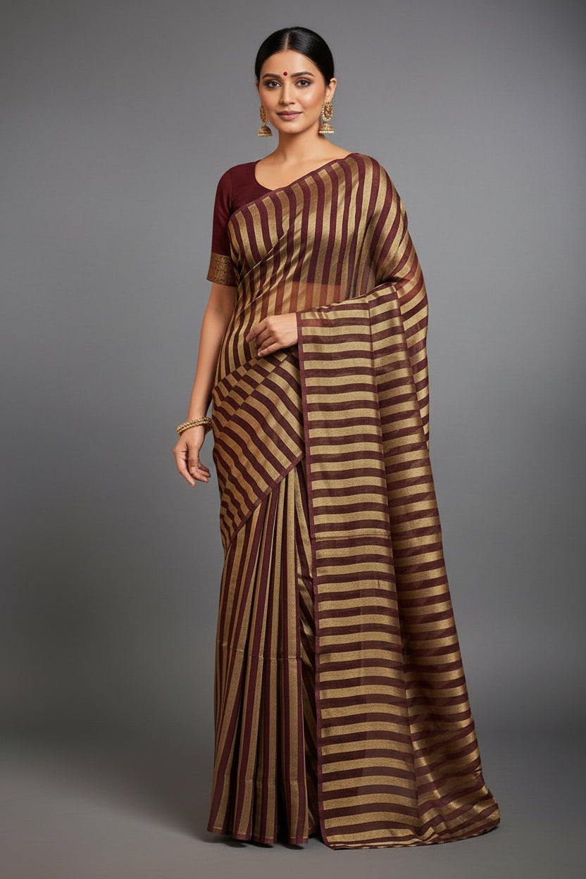 Dark Brown Pure Tissue Stripes Saree 11