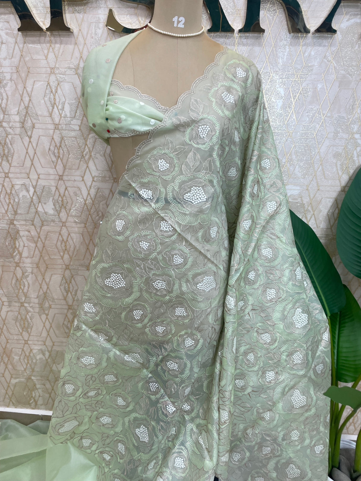 Pista Green Organza Floral Embroidery Saree 29