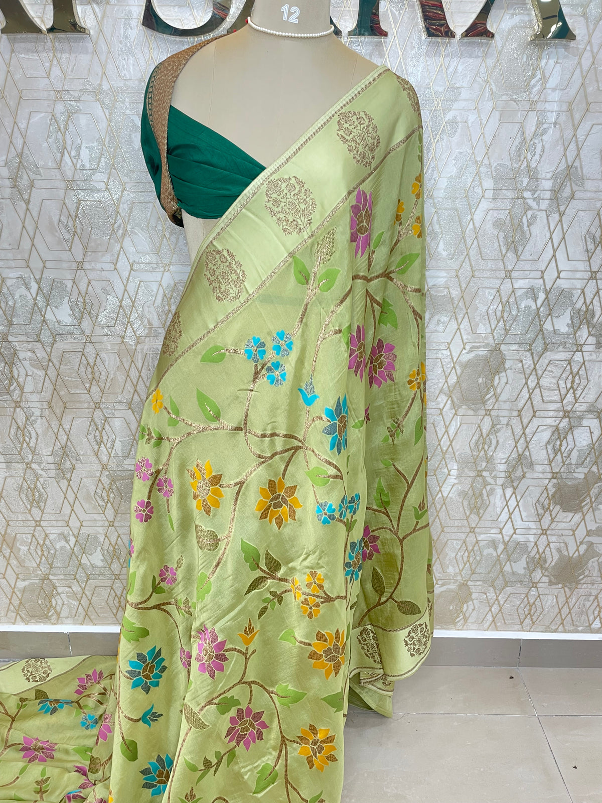 Pista Green Soft Tussur Floral Work Saree 63