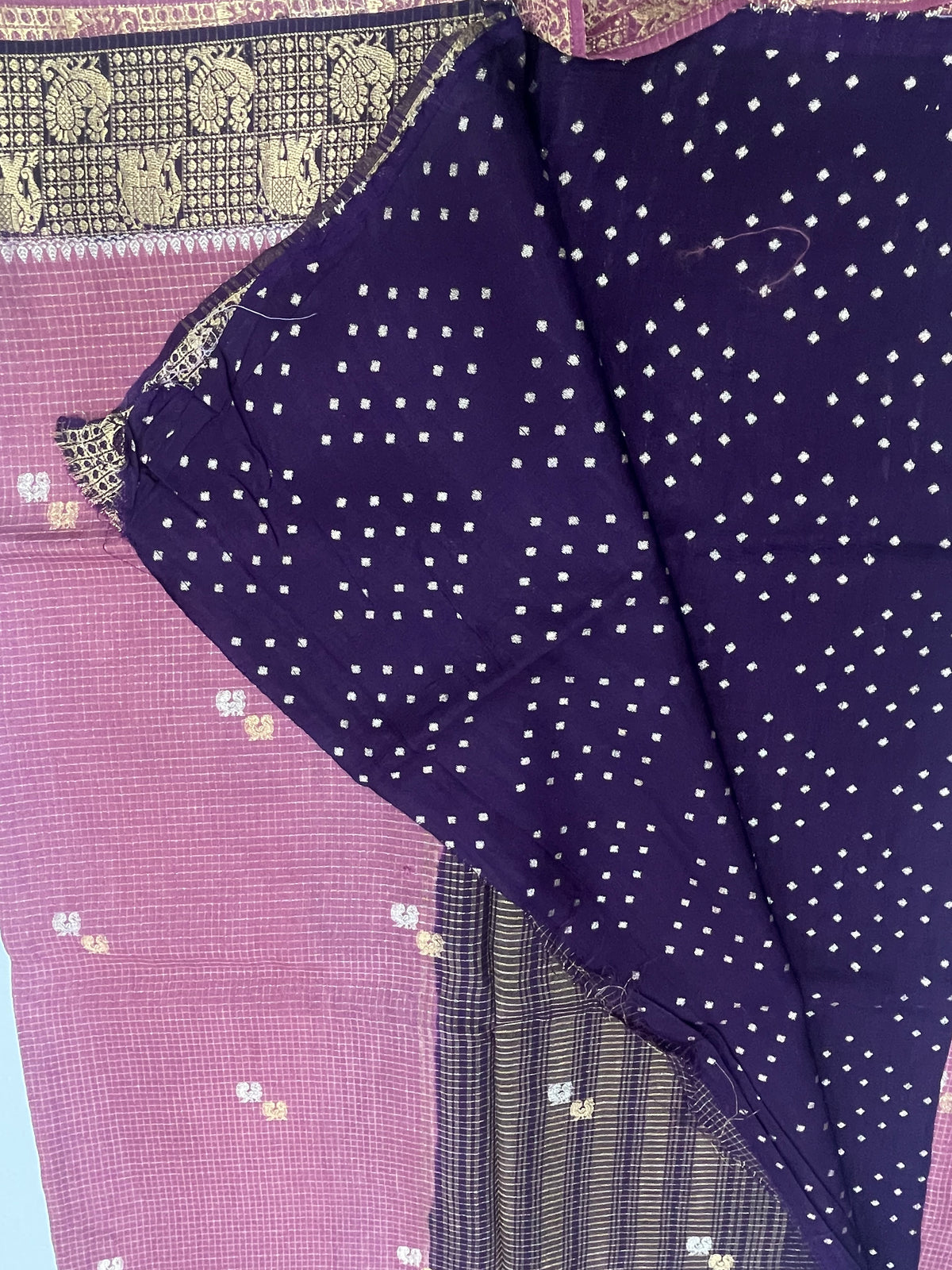Onion Pink n Purple Checks Cotton Silk Saree 13