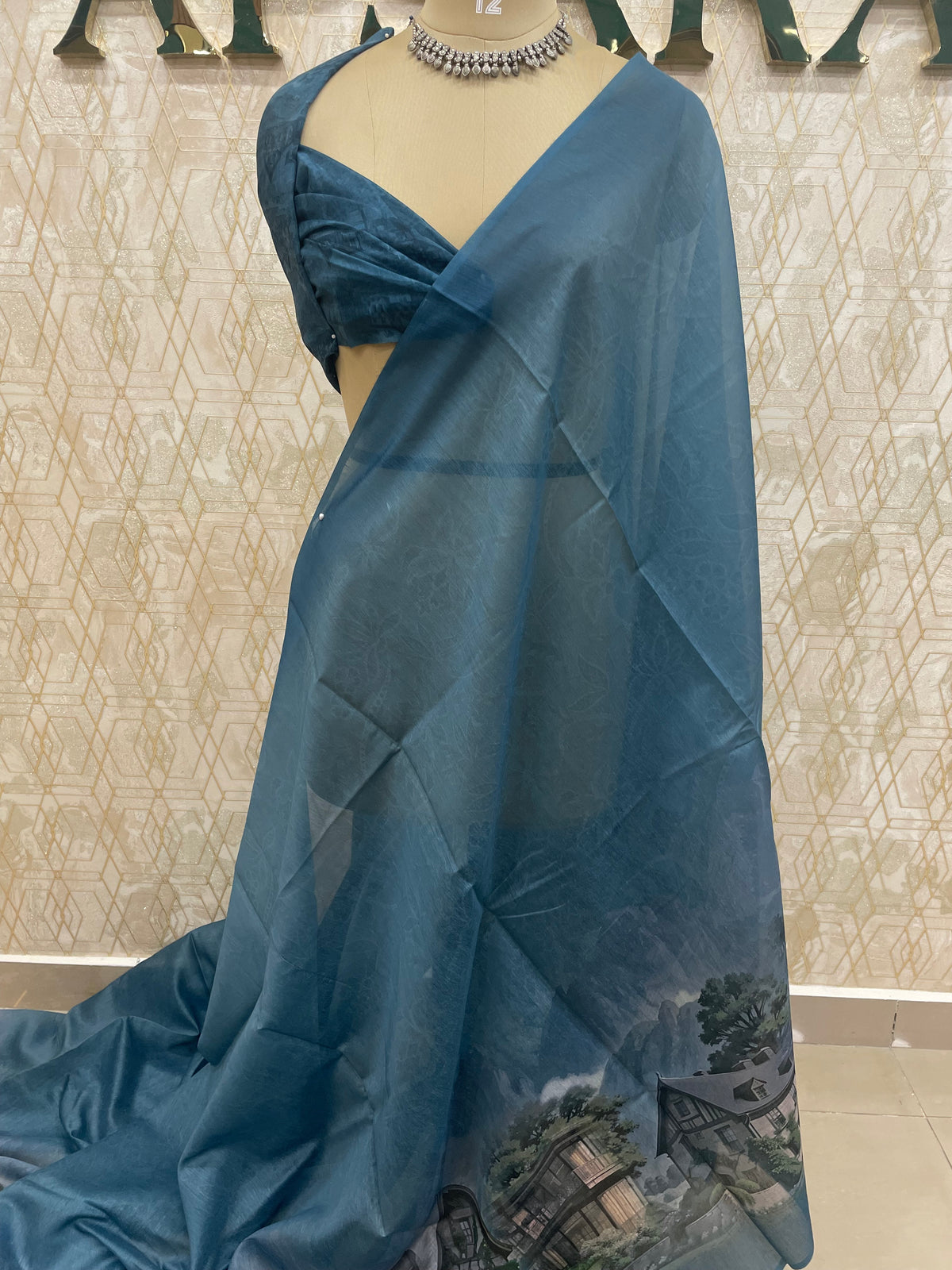 Peacock Blue Mul Cotton Kalamkari Print Saree 53