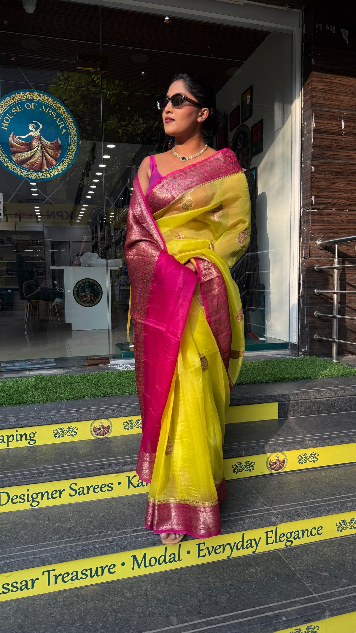 Neon Yellow Pure Kora Organza Antique saree 02