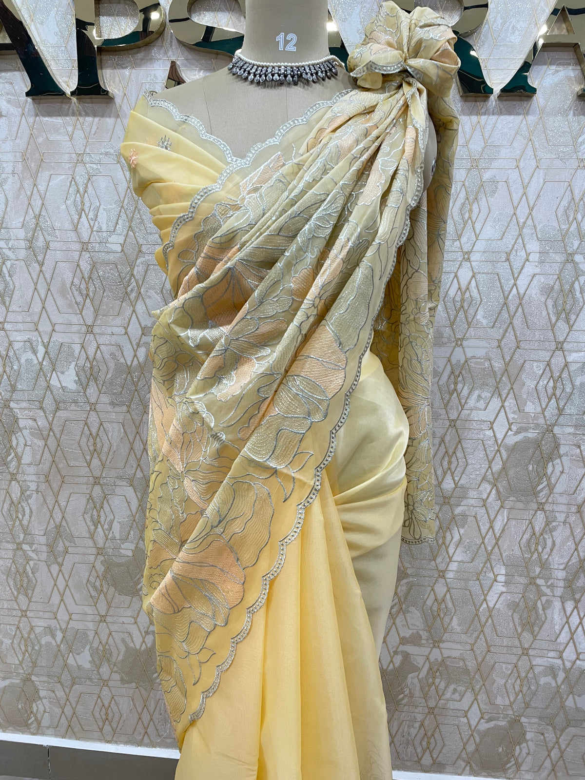 Yellow Tissue Floral Embroidery Saree 29