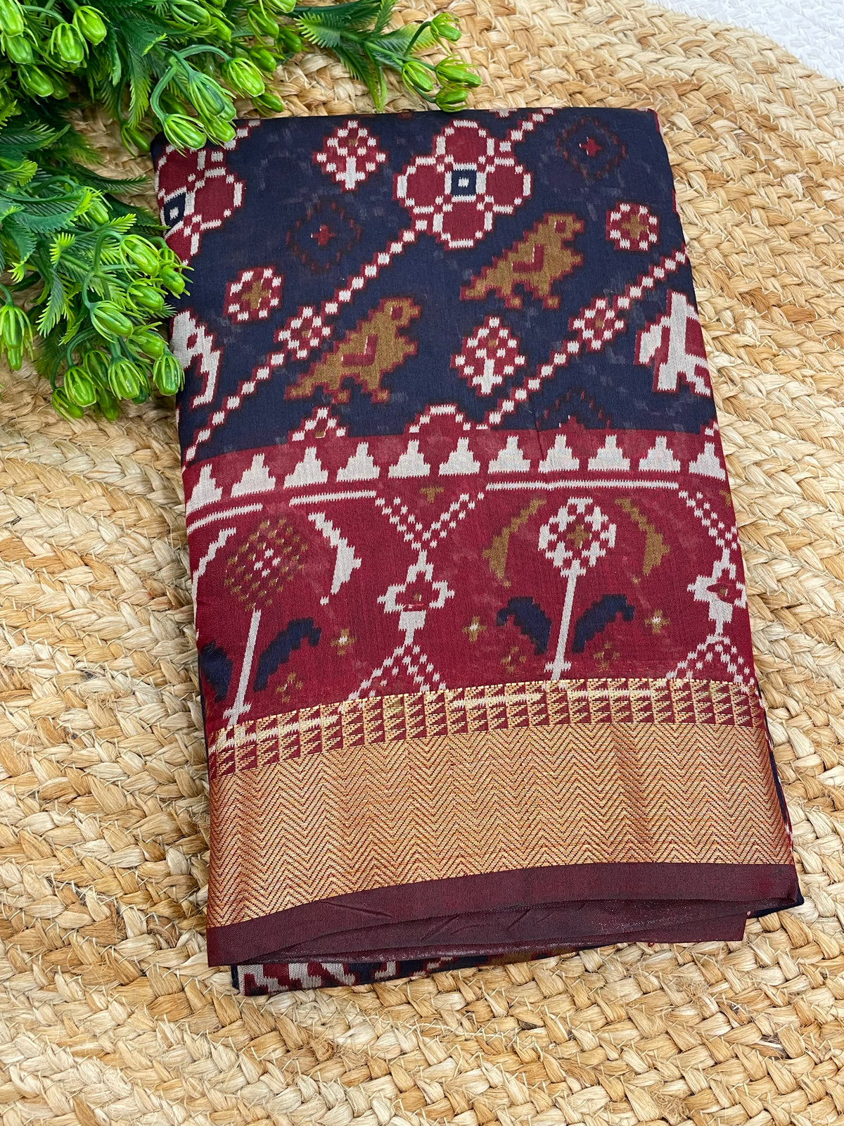 Navy Blue n Maroon Patola Mangalgiri Cotton Silk Saree 13