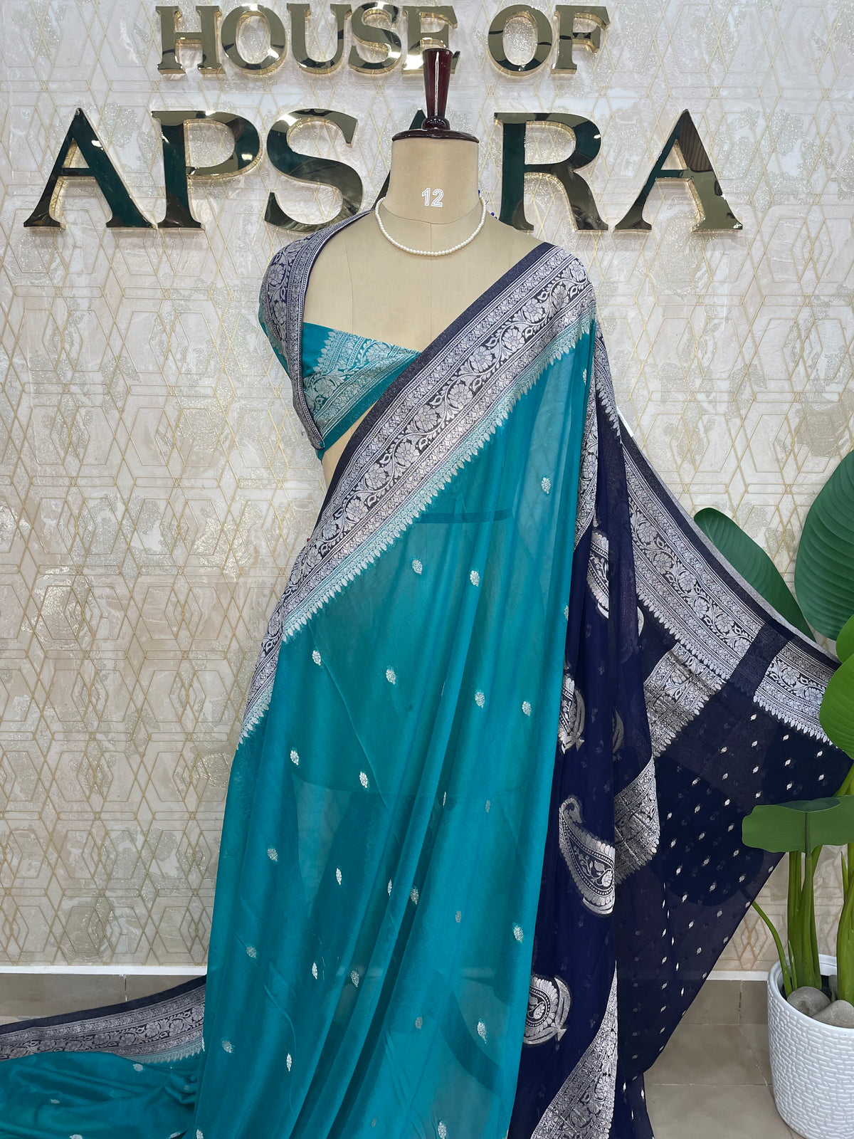 Teal Blue n Purple Banarasi Silk Saree With Silvar Zari Semi Chiffon