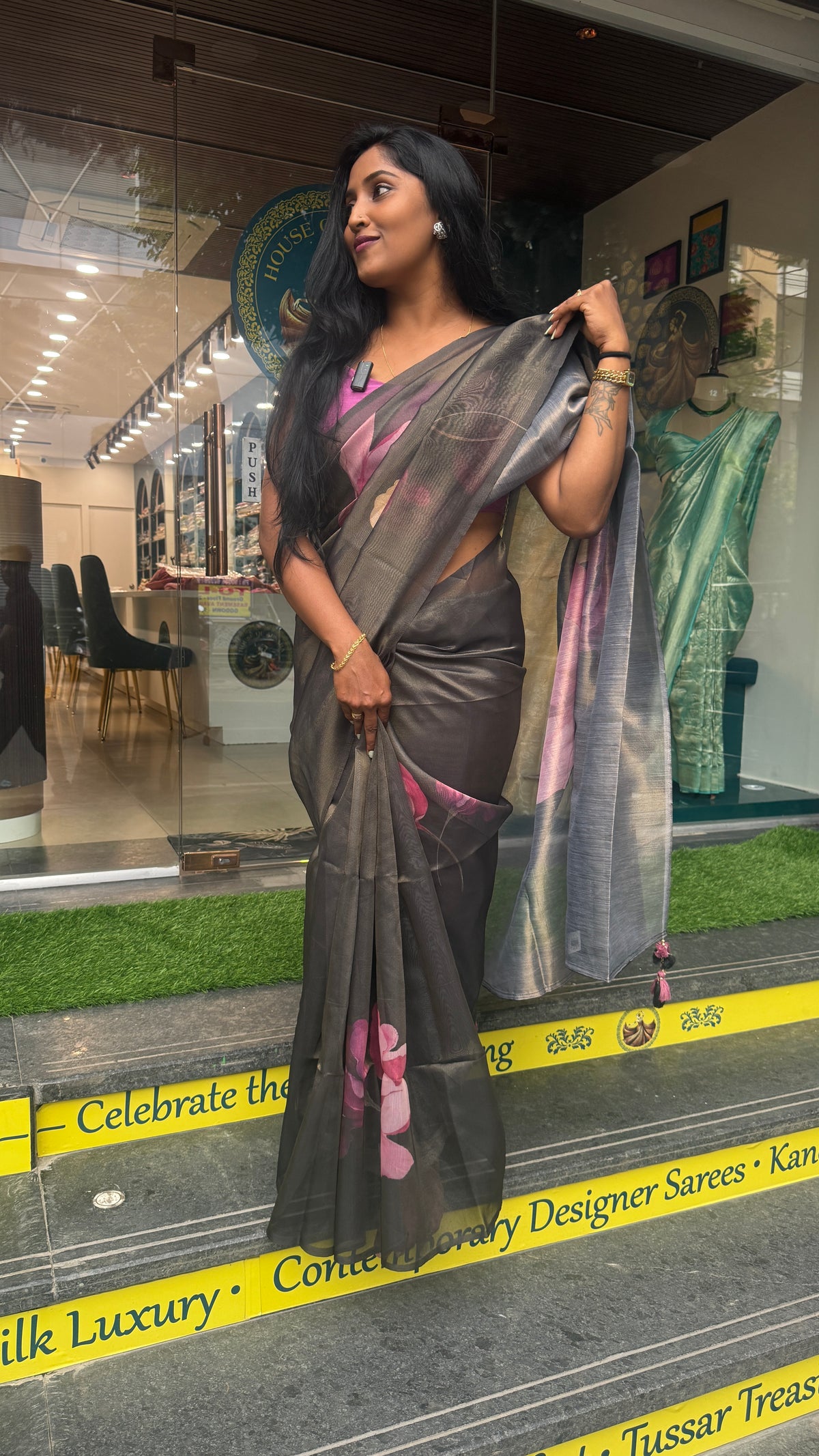 Black Tissue Floral Print Saree 35
