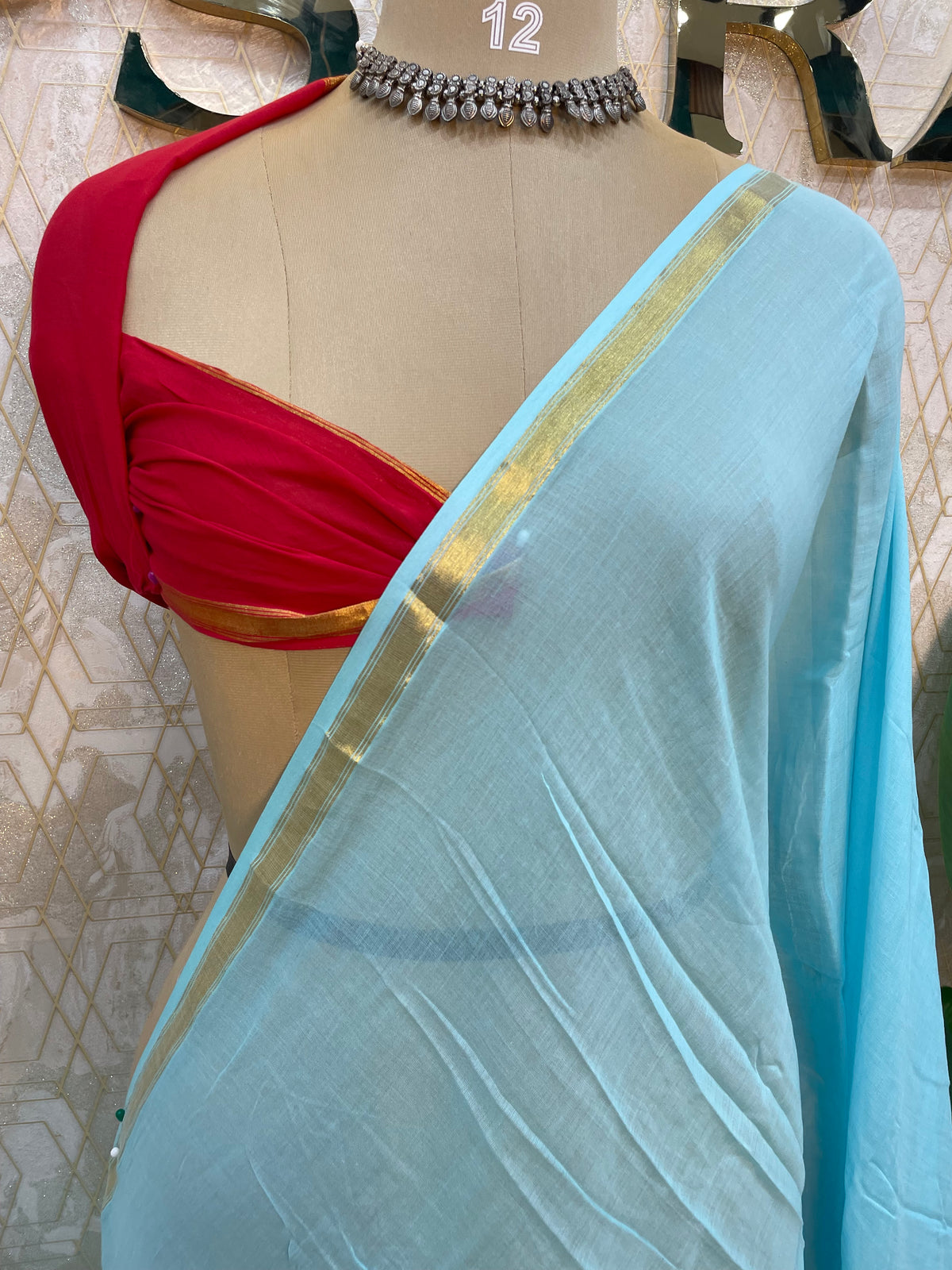 Sky Blue n Red Mul Cotton Saree 101