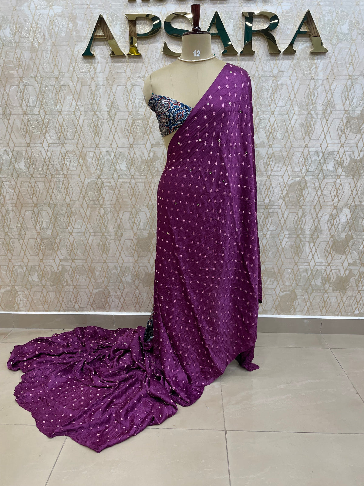 Wine Pure Modal Silk Bandhini With Mirror Saree 05