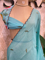 Teal Blue Soft Crush Tissue Sunflower Embroidery Work Saree 301