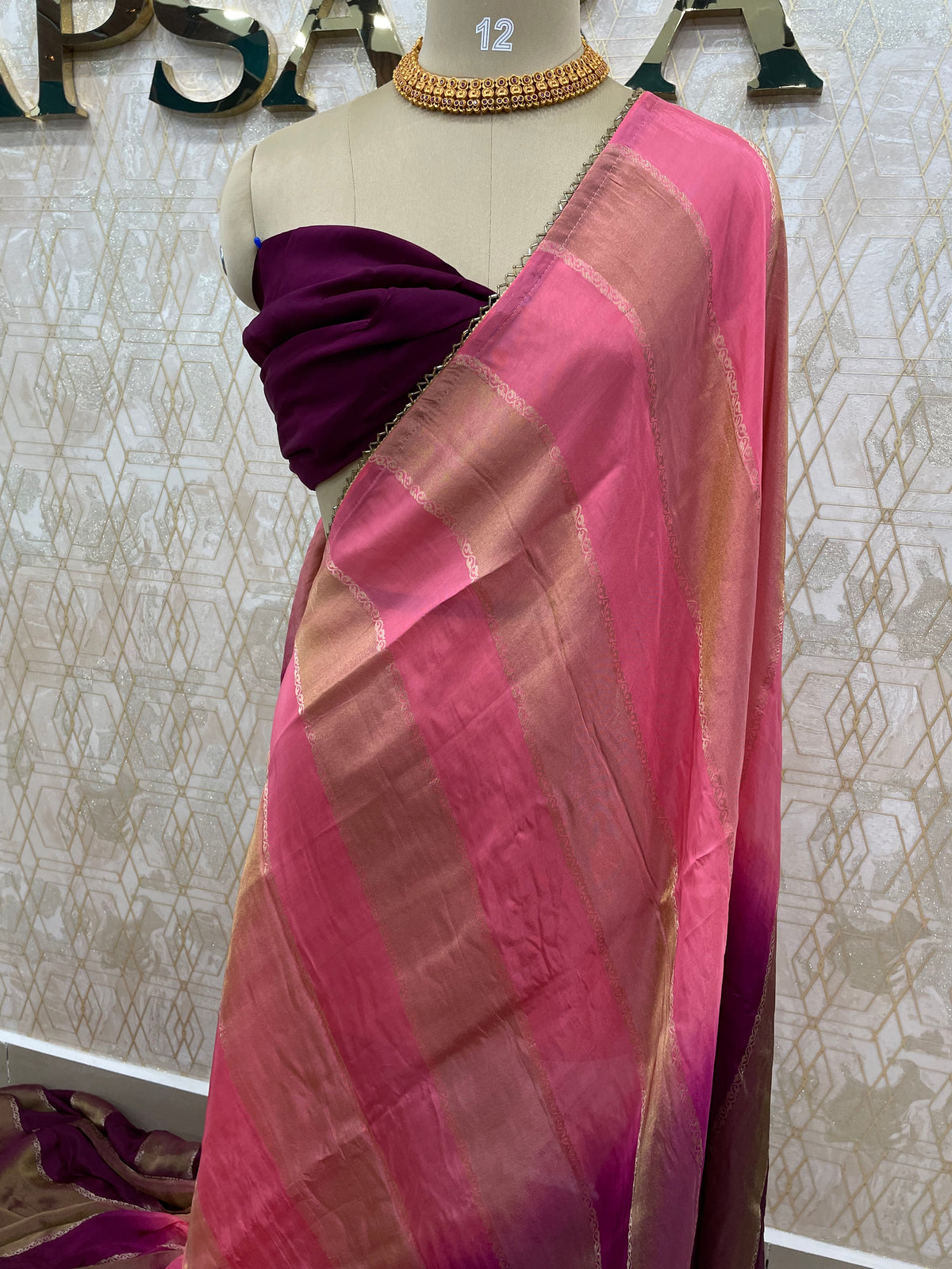 Pink n Wine Dual Shade Crepe n Tissue Fusion Saree 13