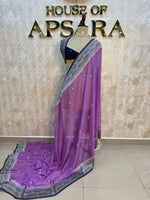 Lilac n Navy Blue With Silver Zari Semi Chiffon