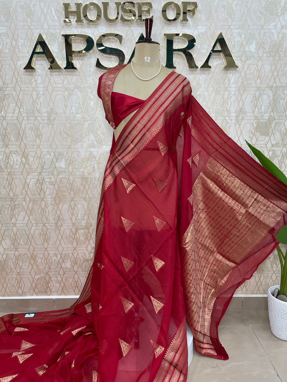 Red Crepe Kota checks saree 309