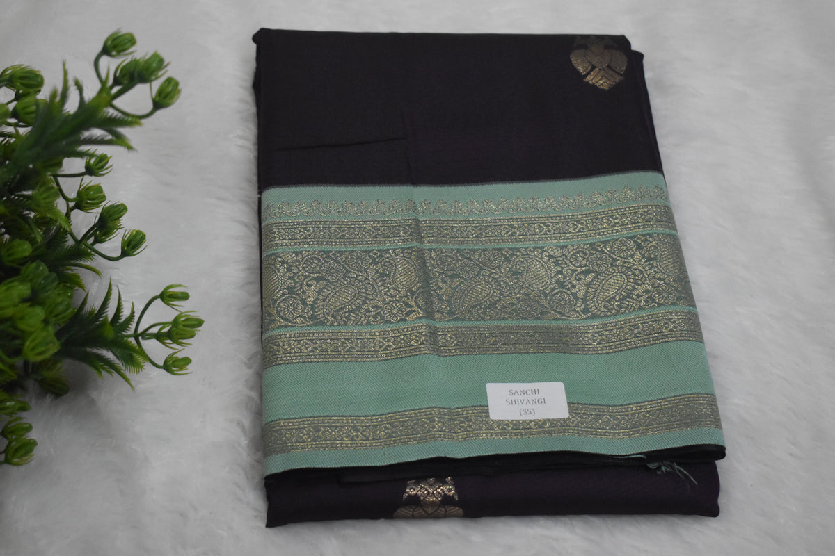 Black n light Teal Blue Semi Soft Silk Saree