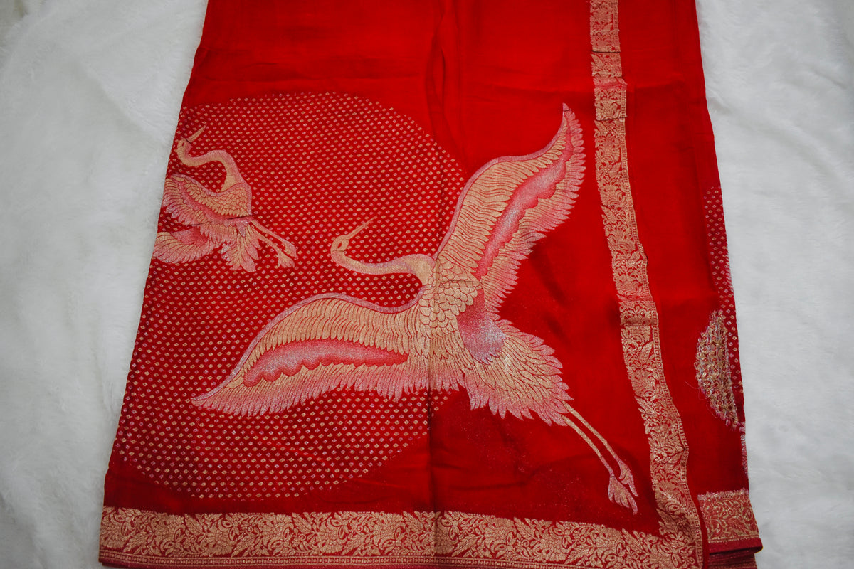 Red Chinnon Crepe Flamingo Saree