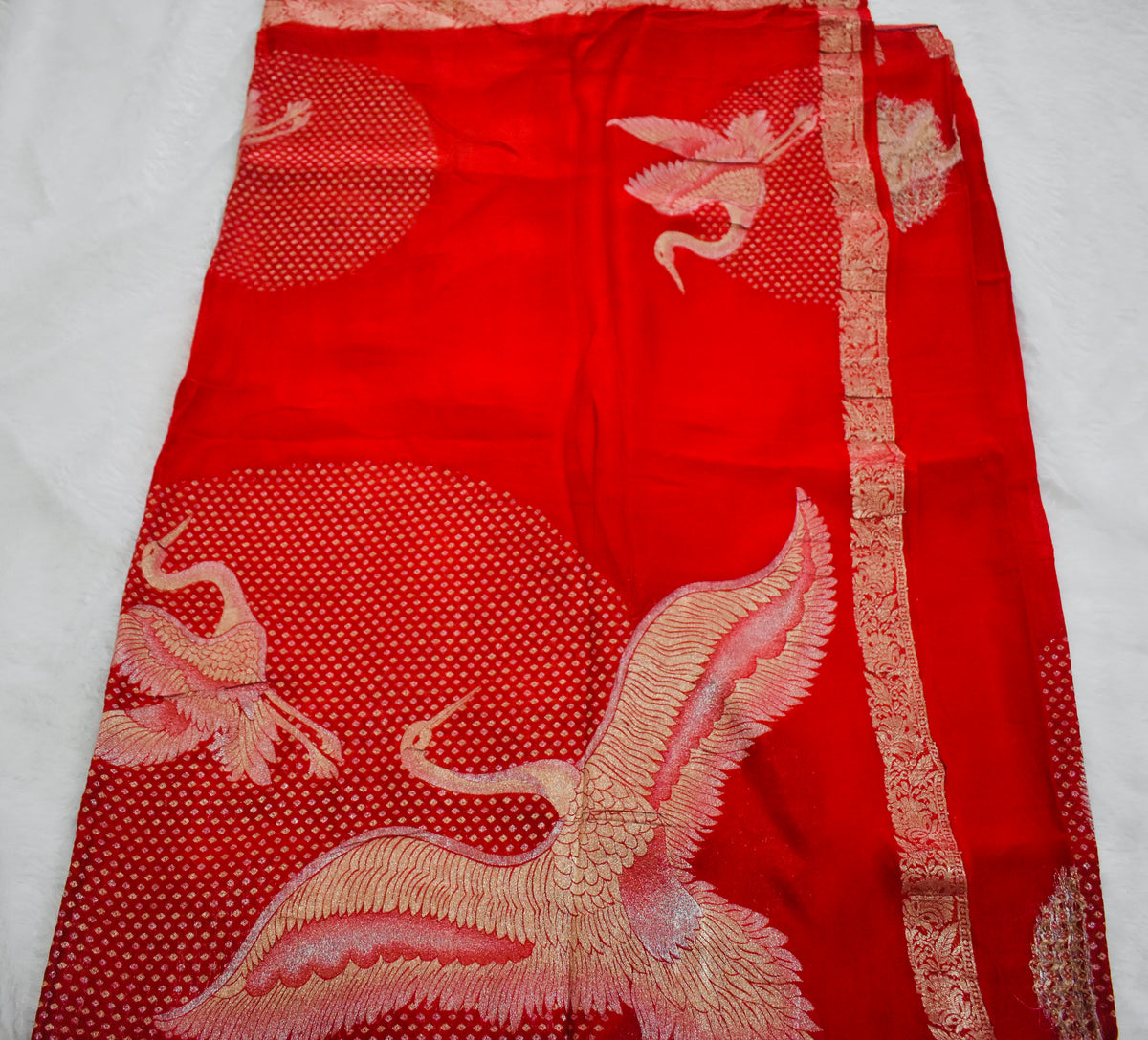 Red Chinnon Crepe Flamingo Saree
