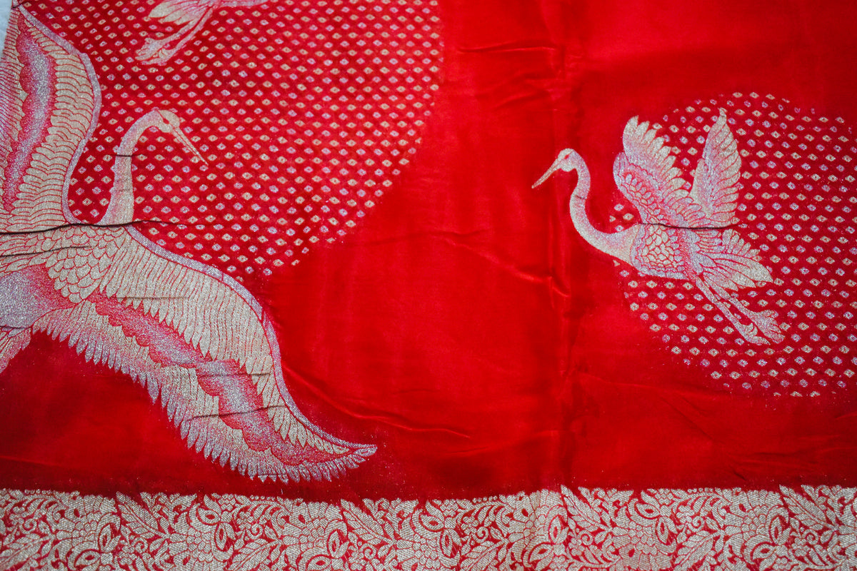 Red Chinnon Crepe Flamingo Saree