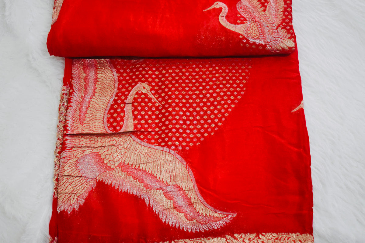 Red Chinnon Crepe Flamingo Saree