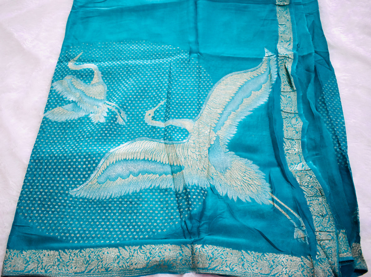 Sky Blue Chinnon Crepe Flamingo Saree