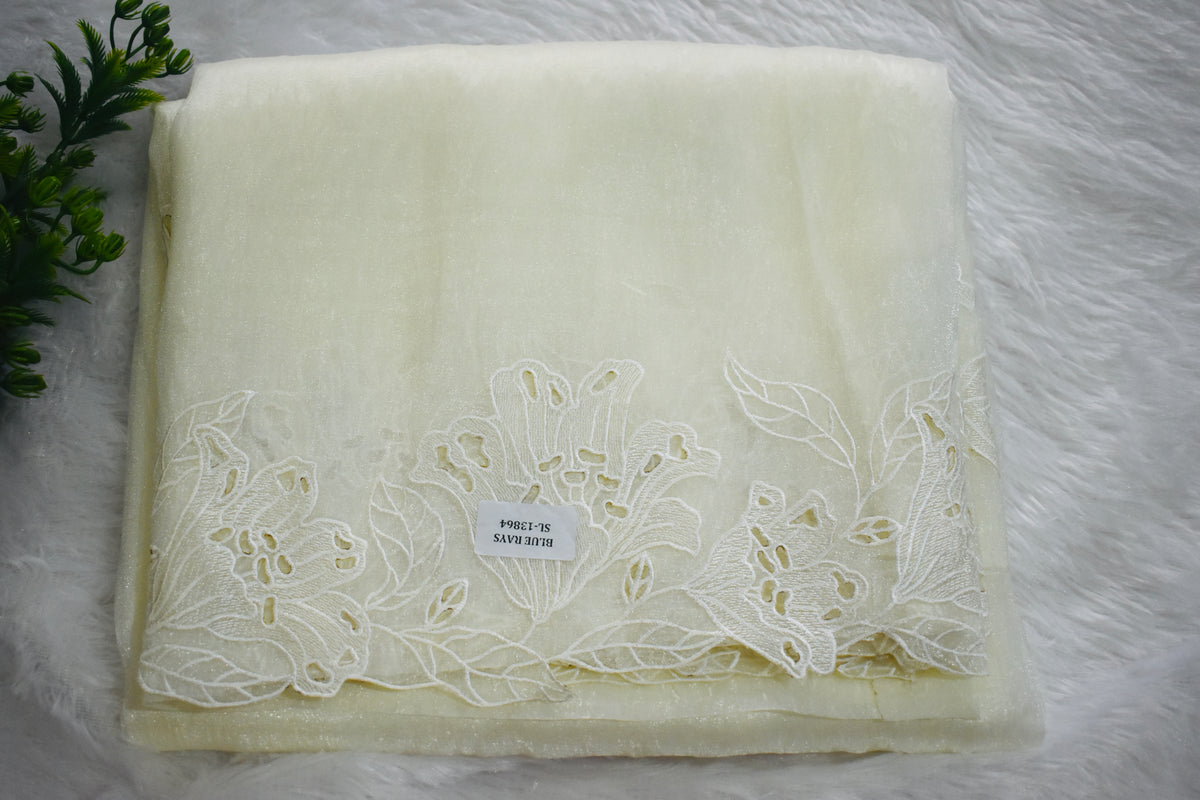 Creamish white Embrodiary Organza Saree