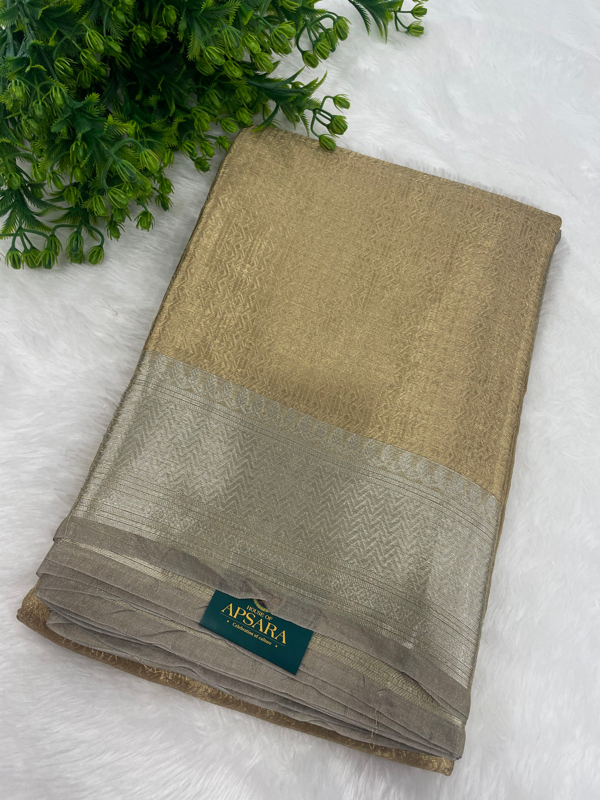 Gold n Grey Pure Tissue Brocade Saree 11